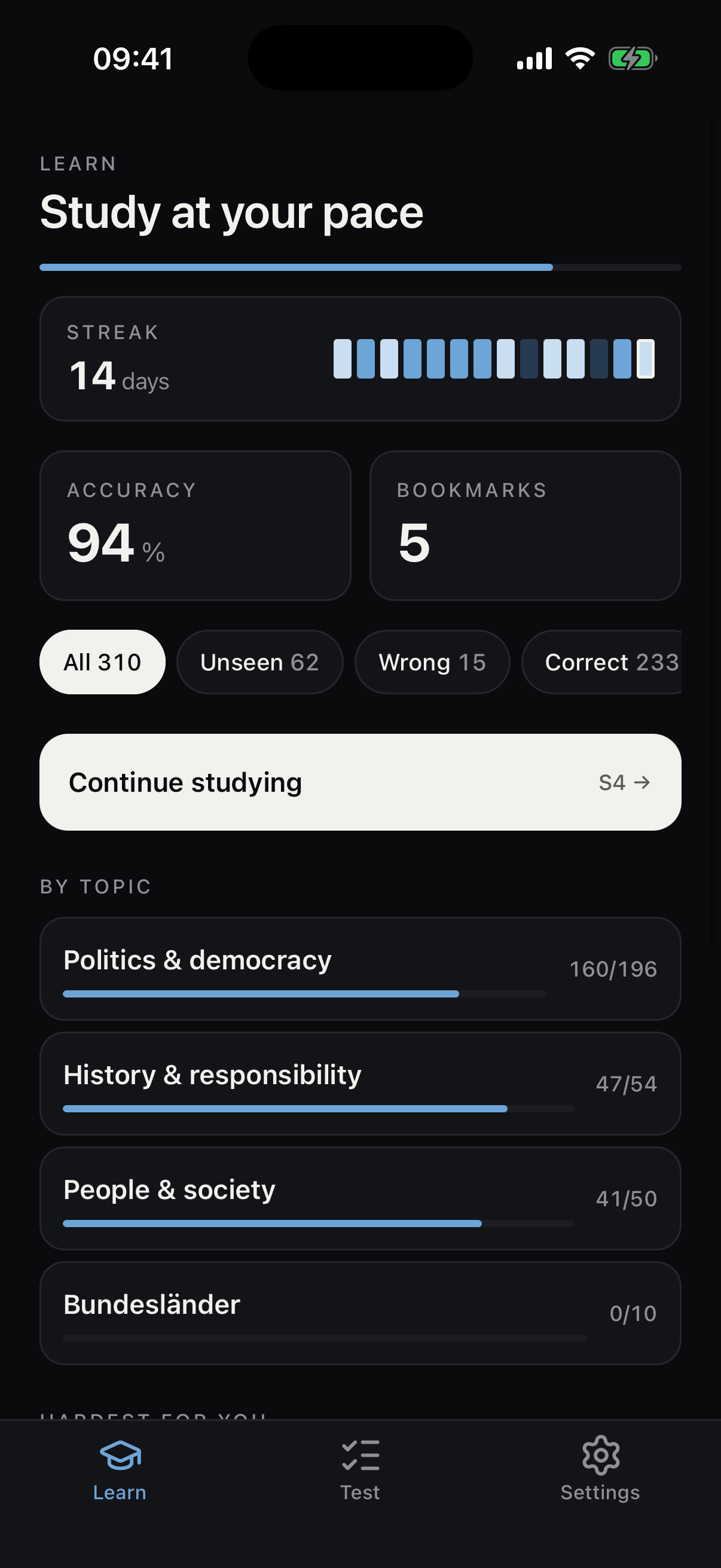 Learn hub showing question categories and progress.