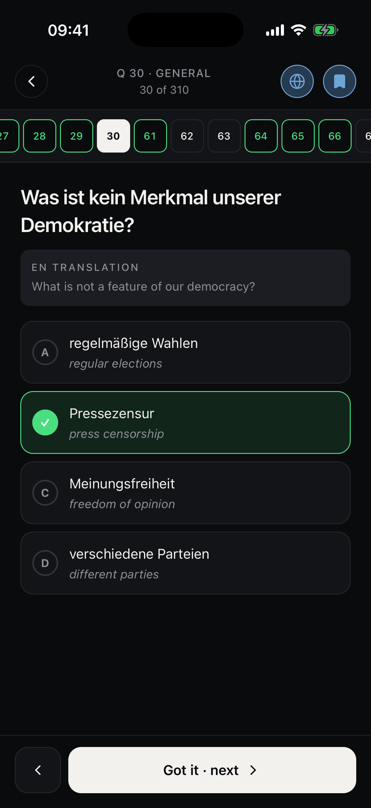 A study question shown in German with translation underneath.
